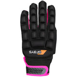 The Grays International Pro Hockey Glove is black with pink trim, gray and orange accents, plus the Grays name on the back. It offers protective finger and back padding for an all-weather grip.