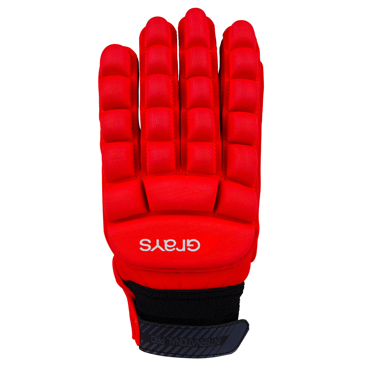 The Grays International Pro Hockey Glove in fluo red features full-finger padding, an all-weather grip, Grays branding on the palm, and a black wrist strap labeled INTERNATIONAL PRO.
