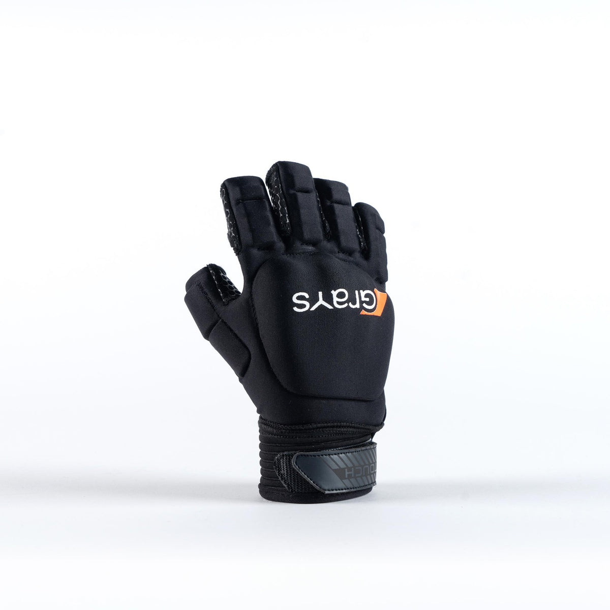 The Grays Touch Hockey Glove in black features reinforced knuckle armor, padded protection, and a wrist strap with TECH text. The back displays the Grays logo in white and orange lettering.