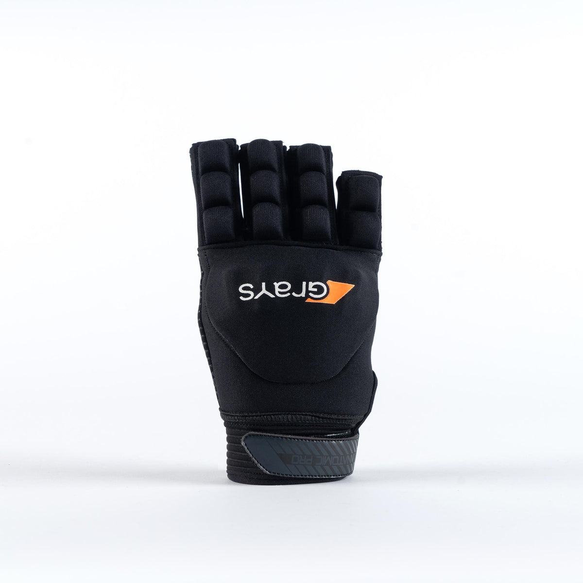 The Grays Anatomic Pro Hockey Glove, in black with lycra construction and finger padding, features "Grays" in white with an orange triangle logo, displayed upright against a plain white background.