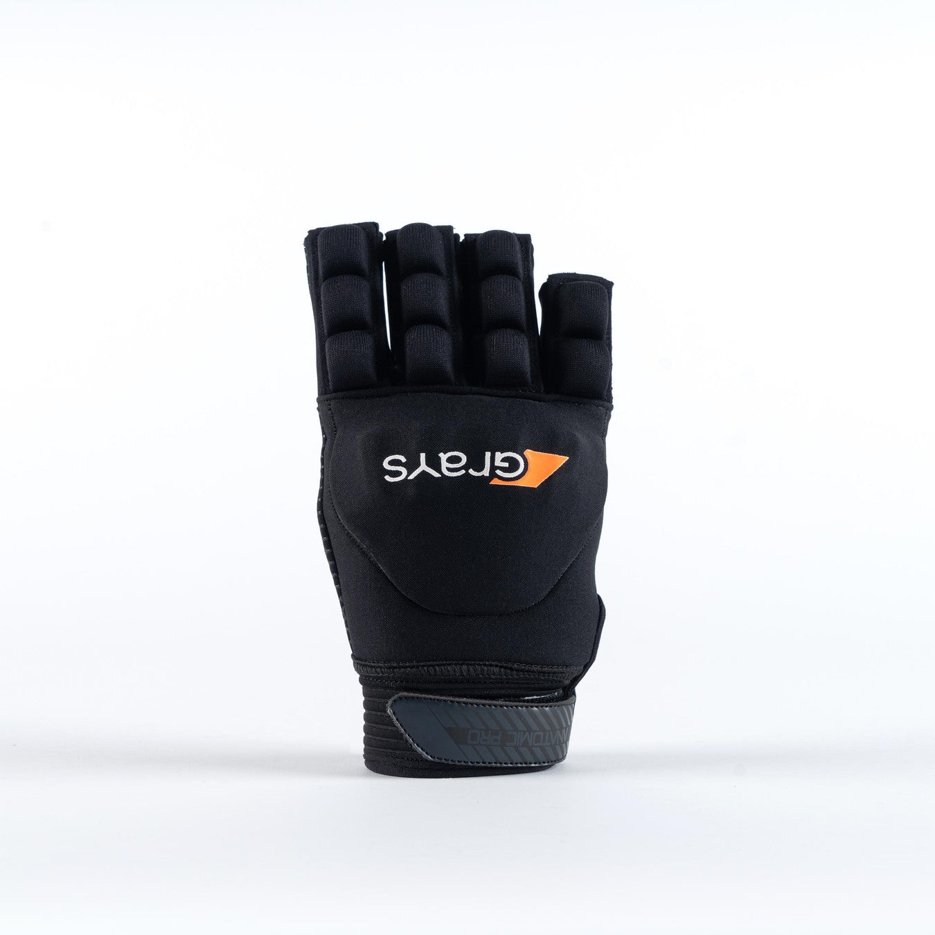 The Grays Anatomic Pro Hockey Glove, in black with lycra construction and finger padding, features "Grays" in white with an orange triangle logo, displayed upright against a plain white background.