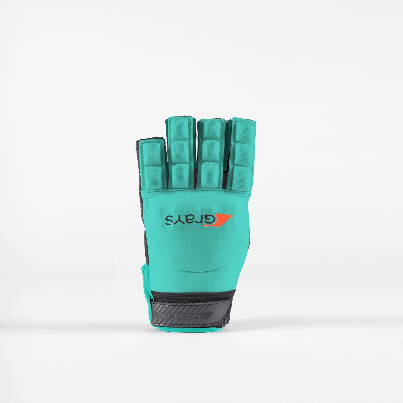 The Grays Anatomic Pro Hockey Glove, in turquoise and black with padded fingers and moulded knuckle armour, stands upright on a white background. The glove features the Grays brand name and orange arrow logo on the back.
