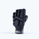 The Grays Apex Touch Hockey Glove is a black, padded half-finger sports glove with finger and knuckle protection, all-weather grip, and a wrist strap featuring the Grays brand name. Shown upright with the palm facing backward.