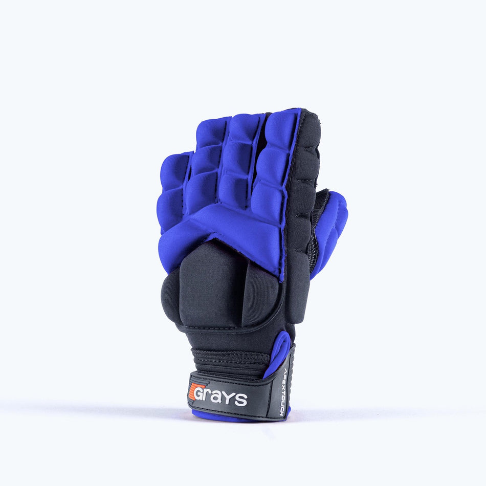 The Grays Apex Touch Hockey Glove, by Grays, is a blue padded sports glove with protective segments and EVA foam construction, shown upright with the palm facing backward against a plain light background.