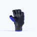 The Grays Apex Touch Hockey Glove by Grays features black EVA foam with a half-finger design and blue trim, standing upright on a plain light background, palm side forward and thumb extended.