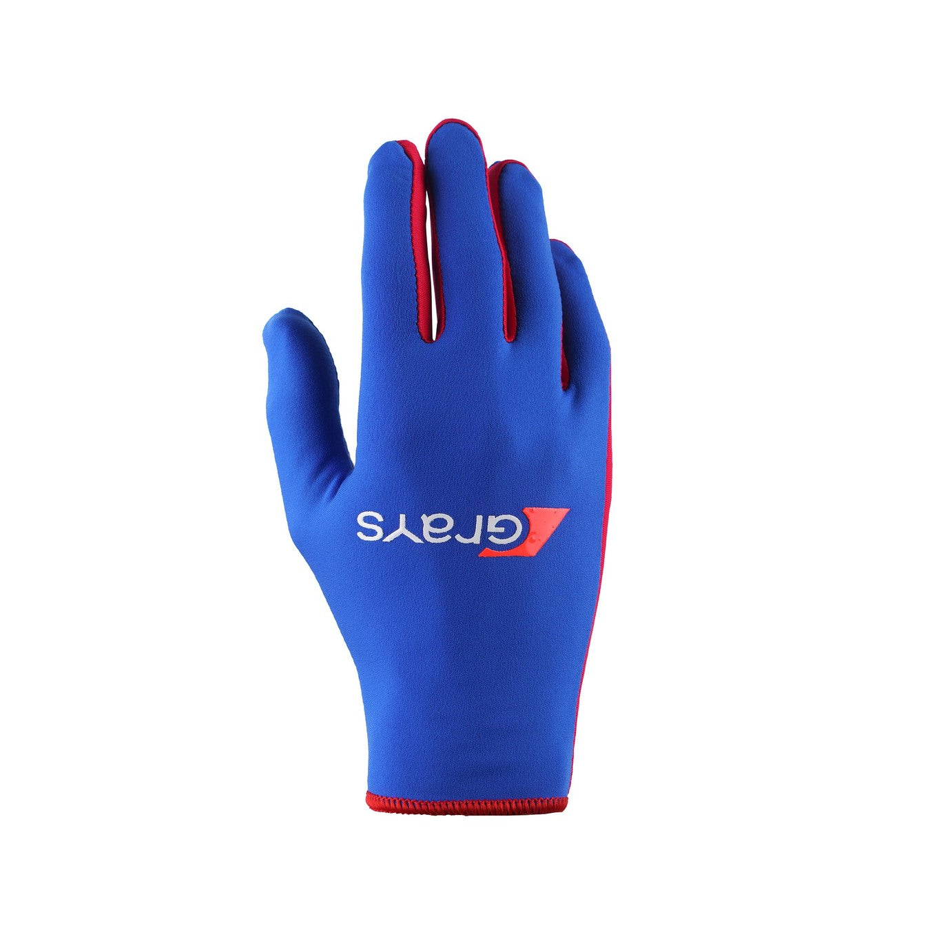 The Grays Skinful Pro Hockey Glove by Grays is shown in navy with fluo red trim and "Grays" printed on the back. The palm faces down against a white background. Features fleece lining for comfort.