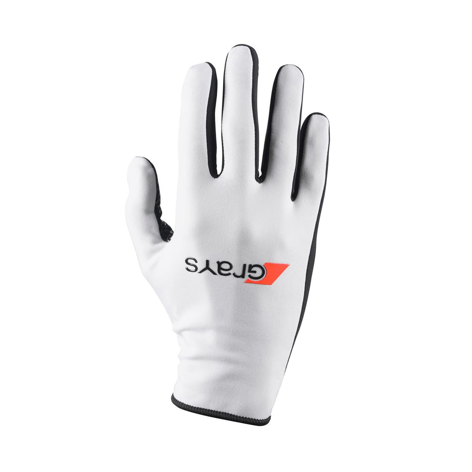 The Grays Skinful Pro Hockey Glove by Grays features a white and black design, with "Grays" printed in black and red on the back; palm is shown facing down with fingers extended.