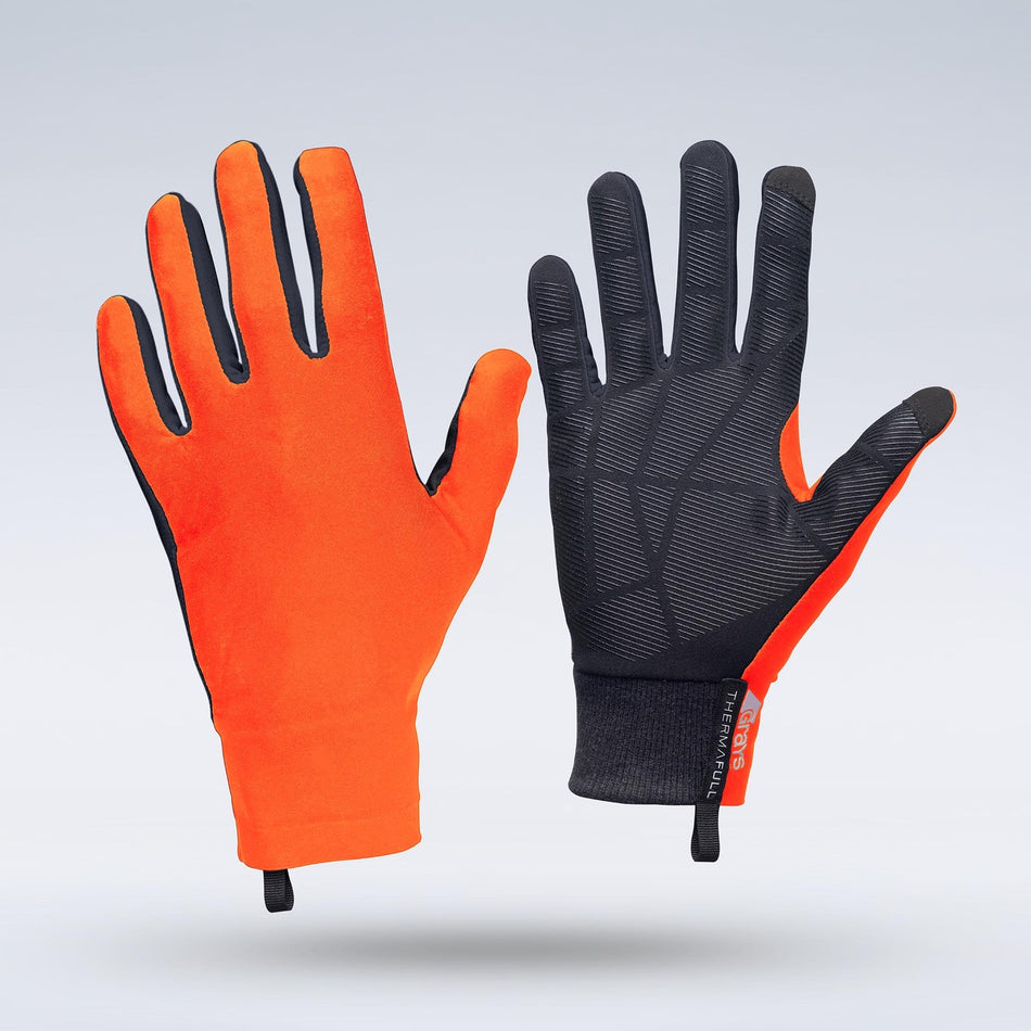 The Grays Therma Full Hockey Gloves by Grays are full-finger gloves in red, shown front and back. Both have fitted wrists, lightweight construction, and a textured grip pattern for all-weather use.