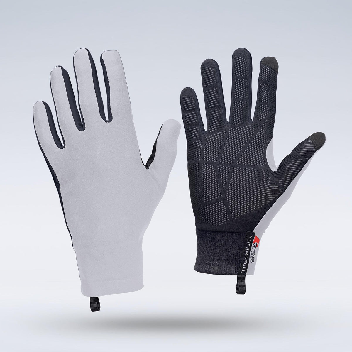 A pair of lightweight, ergonomic Grays Therma Full Hockey Gloves by Grays in white, featuring long fingers and a sleek full-finger design—one glove reveals the gray palm while the other displays a black textured all-weather grip and small fabric tag.
