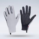 A pair of lightweight, ergonomic Grays Therma Full Hockey Gloves by Grays in white, featuring long fingers and a sleek full-finger design—one glove reveals the gray palm while the other displays a black textured all-weather grip and small fabric tag.