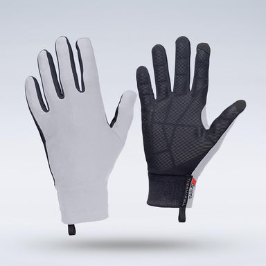 A pair of lightweight, ergonomic Grays Therma Full Hockey Gloves by Grays in white, featuring long fingers and a sleek full-finger design—one glove reveals the gray palm while the other displays a black textured all-weather grip and small fabric tag.