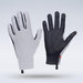 A pair of lightweight, ergonomic Grays Therma Full Hockey Gloves by Grays in white, featuring long fingers and a sleek full-finger design—one glove reveals the gray palm while the other displays a black textured all-weather grip and small fabric tag.