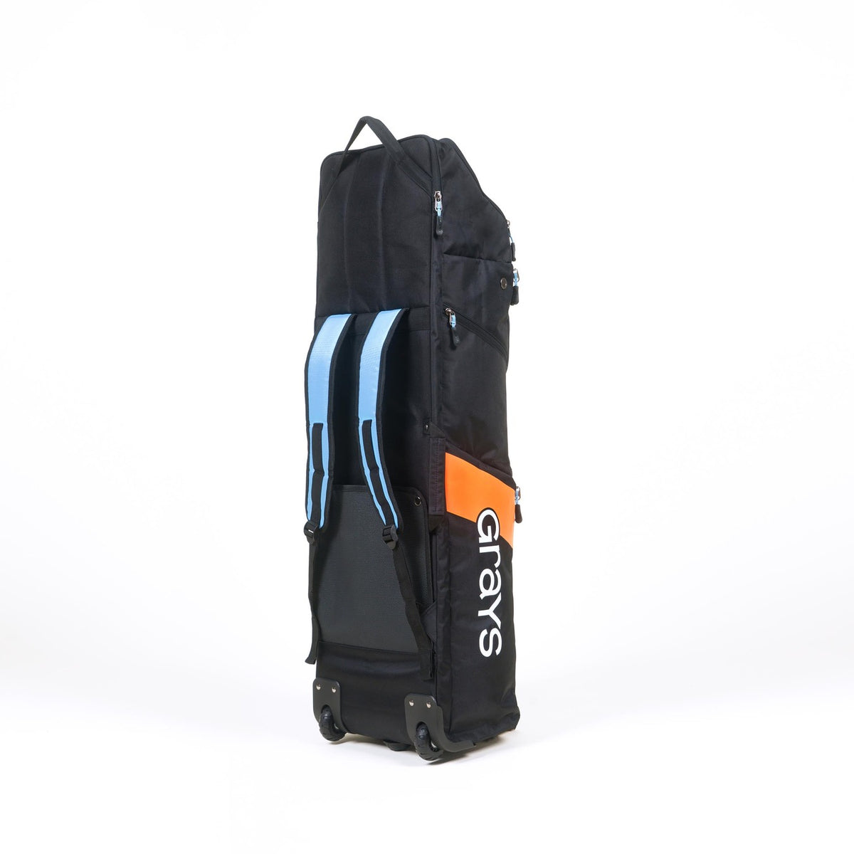 The Grays G900 Hockey Kitbag is a large black wheelie duffle made from heavy-duty water-repellent material, featuring two light blue padded shoulder straps, an orange accent, and the Grays logo in white on the side.