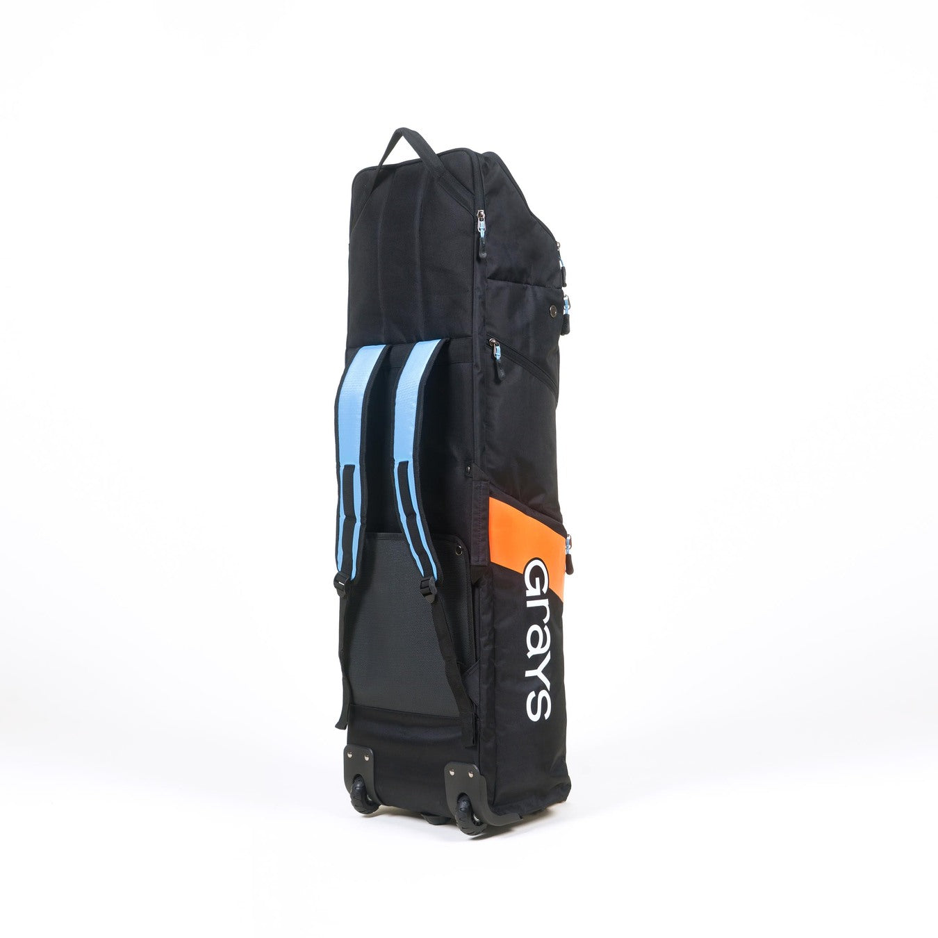 The Grays G900 Hockey Kitbag is a large black wheelie duffle made from heavy-duty water-repellent material, featuring two light blue padded shoulder straps, an orange accent, and the Grays logo in white on the side.