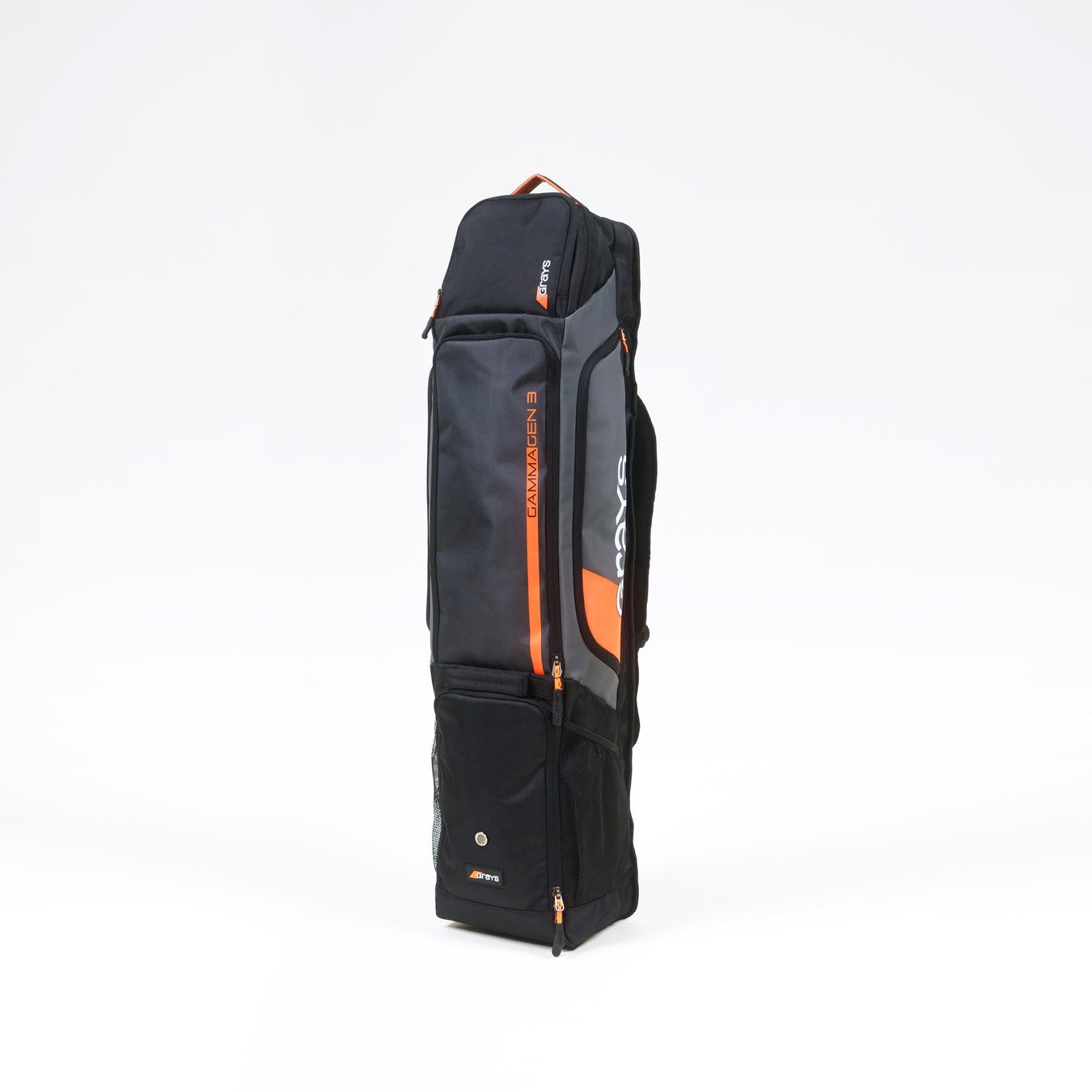 The Grays Gamma Gen3 Hockey Kitbag by Grays is a black rectangular sports bag with multiple zippered compartments, including a sticks compartment and carrying handle, shown standing upright on a plain white background.