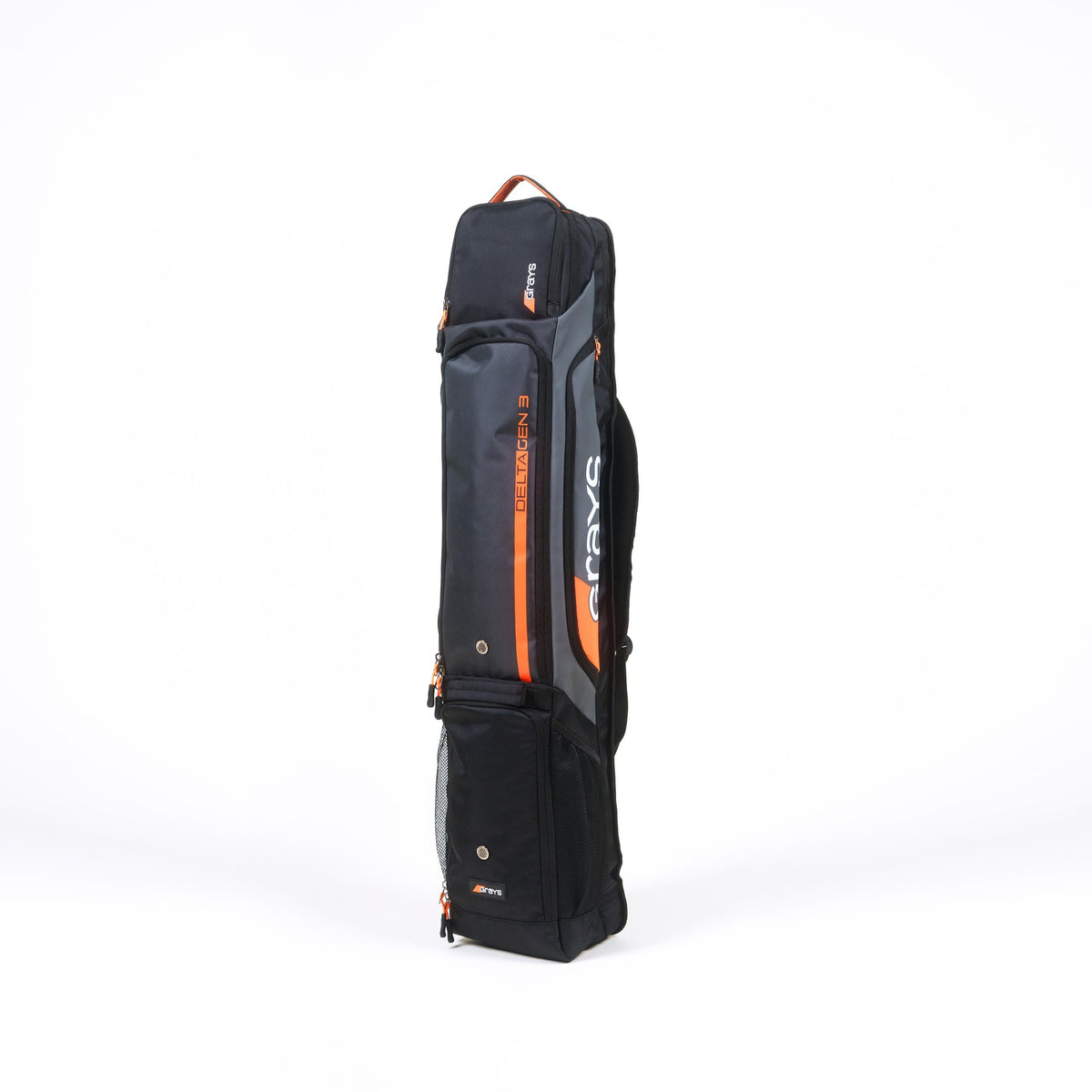 The Grays Delta Gen3 Hockey Kitbag by Grays is a black rectangular bag standing upright on a white background, featuring zippered compartments, a padded stick section, shoulder strap, gray accents, and visible Grays branding.