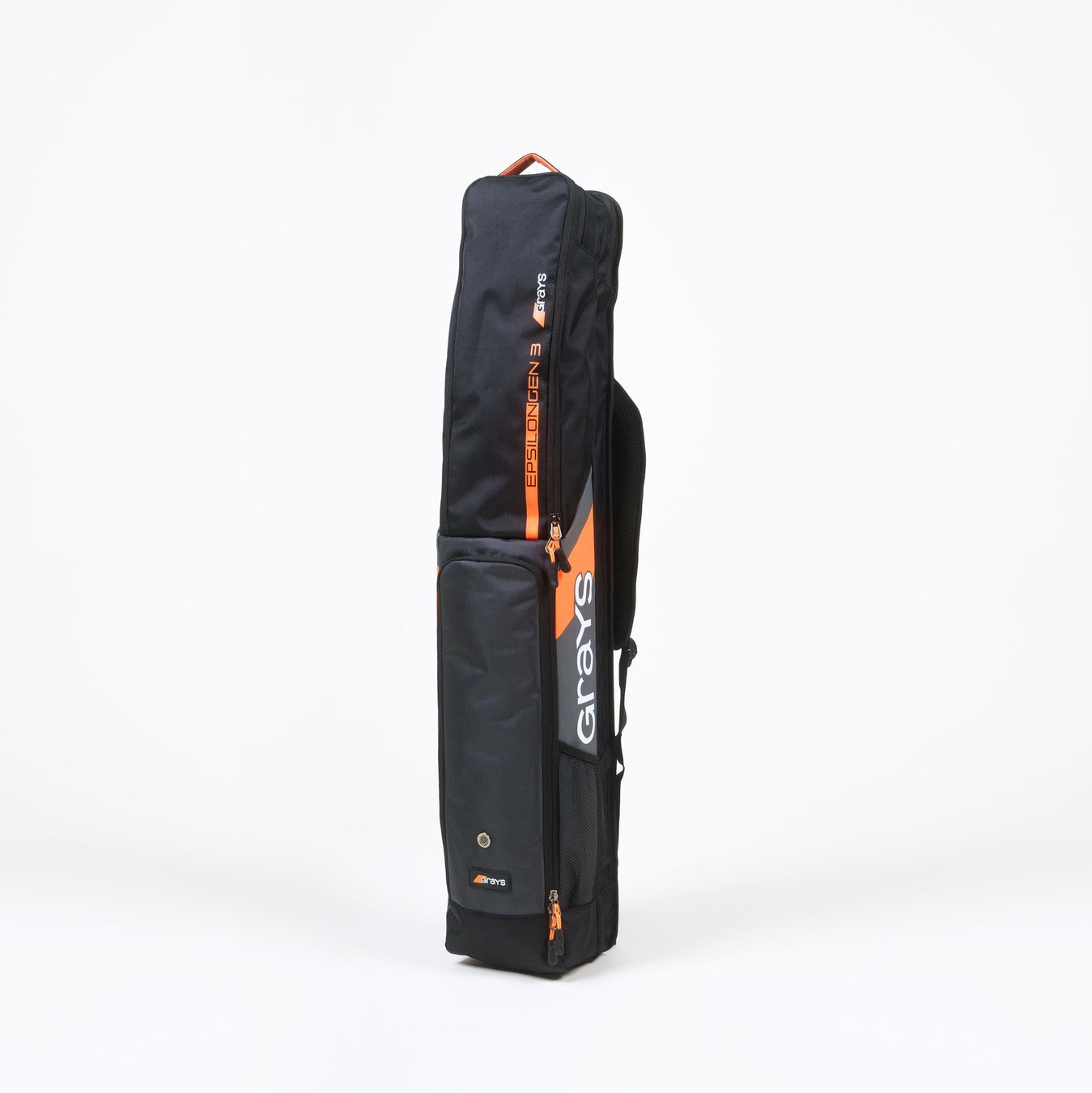 The Grays Epsilon Gen 3 Kitbag is a black rectangular bag with orange accents and the Grays logo in white, featuring a padded stick section for hockey sticks, shown upright on a plain white background.