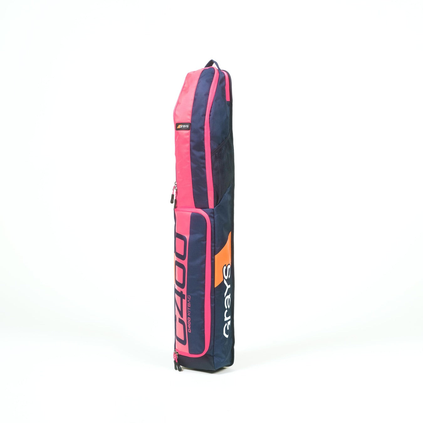 The Grays G400 Hockey Kit Bag in navy and pink features orange and white accents, a zippered compartment, padded stick section, and displays the Grays brand name on the side. The bag is shown upright on a white background.