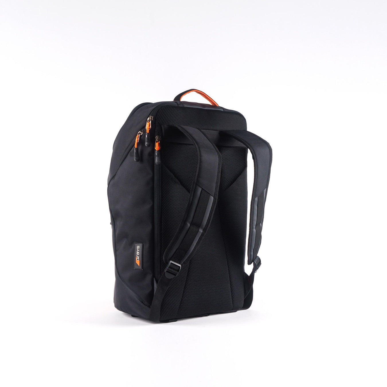 The Grays XI Gen 3 Rucksack by Grays stands upright on a white background, featuring padded shoulder straps, a mesh back panel, orange zipper pulls, and a padded laptop pocket.