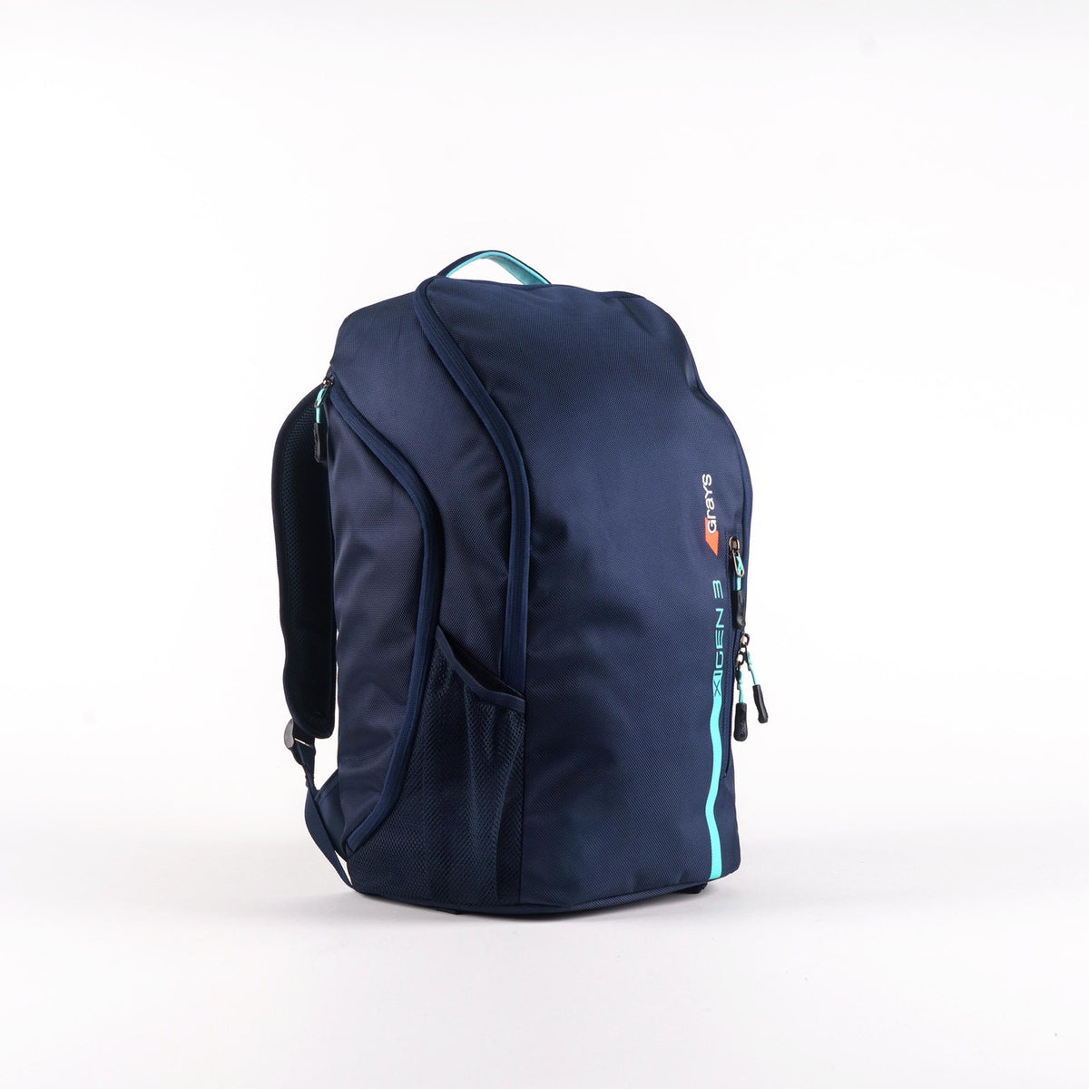 The Grays XI Gen 3 Rucksack by Grays features a dark blue modern design with a light blue accent stripe, zippered front pocket, padded laptop section, mesh side pocket, and top carrying handle, displayed against a plain white background.