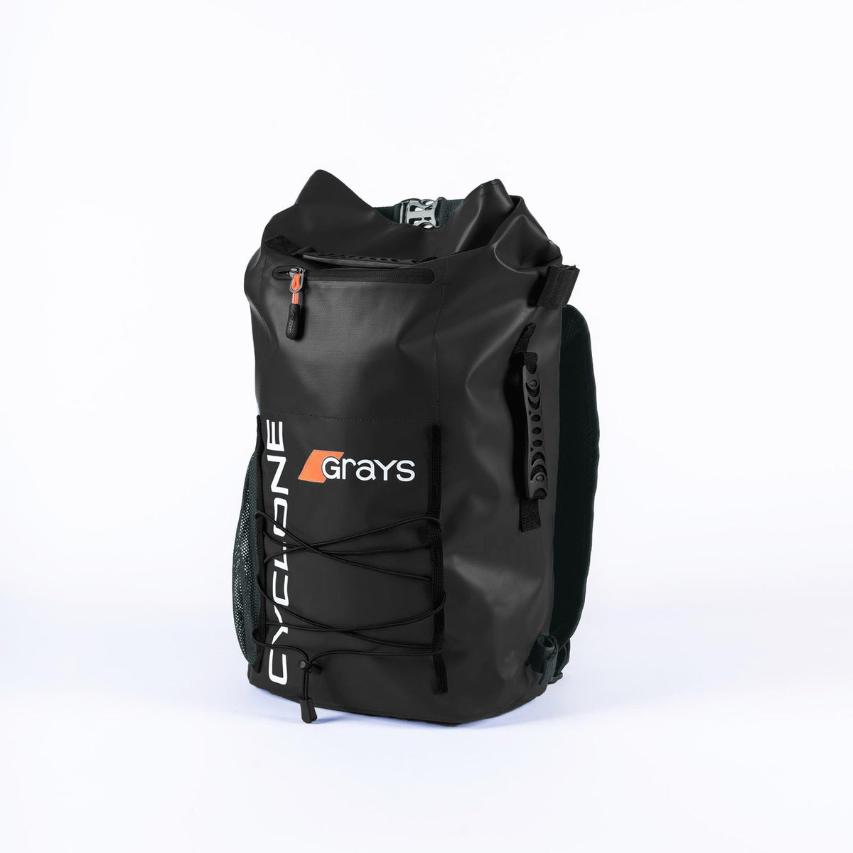 The Grays Cyclone WP Rucksack in black features a top roll closure, front zip pocket, side mesh pockets, bungee cord detail, and spacious storage. The Grays logo in white and orange is on the front. Perfect as a waterproof sports bag.