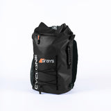The Grays Cyclone WP Rucksack in black features a top roll closure, front zip pocket, side mesh pockets, bungee cord detail, and spacious storage. The Grays logo in white and orange is on the front. Perfect as a waterproof sports bag.