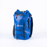 The Grays Cyclone WP Rucksack by Grays is a blue bag with black straps, a drawstring front, black mesh side pocket, and an orange zipper on the front pouch, offering spacious storage and shown upright on a white background.