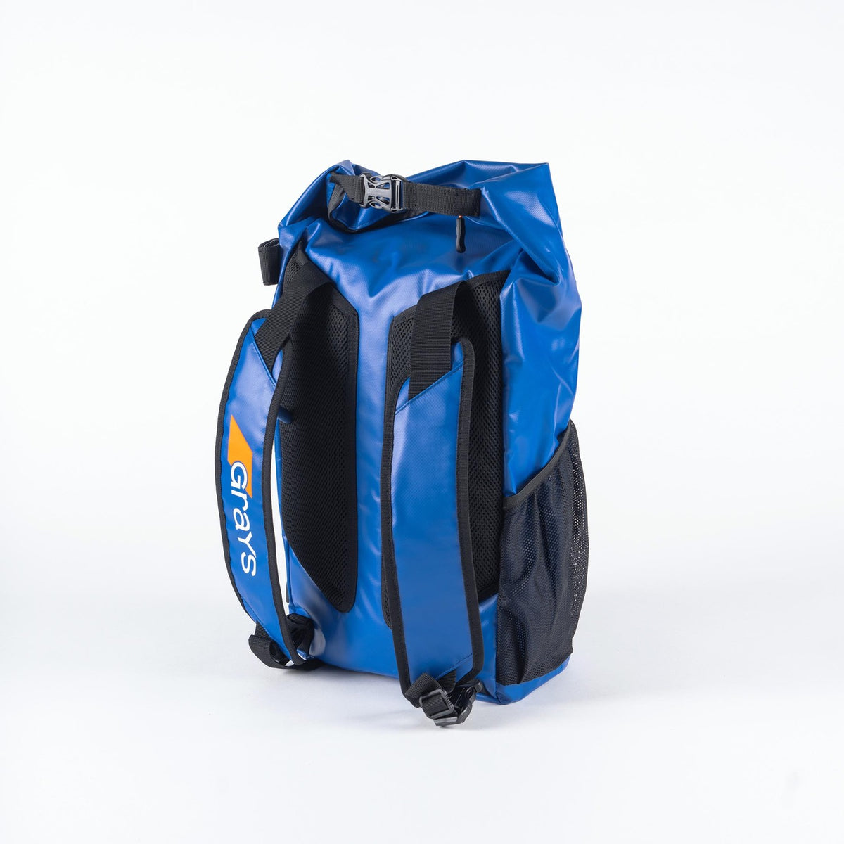 The Grays Cyclone WP Rucksack, in blue with black straps and mesh side pockets, features a roll-top closure and large waterproof storage—ideal for sports. "Grays" is printed in white on one side. Displayed on a white background.
