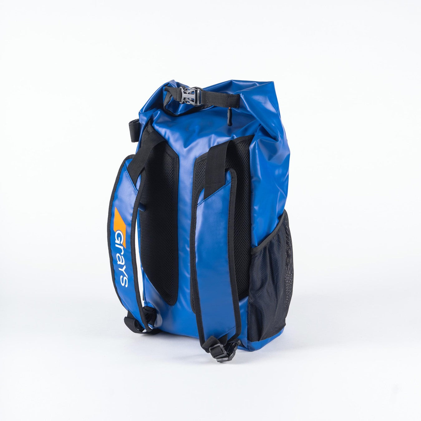 The Grays Cyclone WP Rucksack, in blue with black straps and mesh side pockets, features a roll-top closure and large waterproof storage—ideal for sports. "Grays" is printed in white on one side. Displayed on a white background.