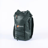 The Grays Cyclone WP Rucksack in grey features a roll-top closure, front zipper pocket, mesh side pocket, and bungee cord detail for spacious storage, shown on a white background.