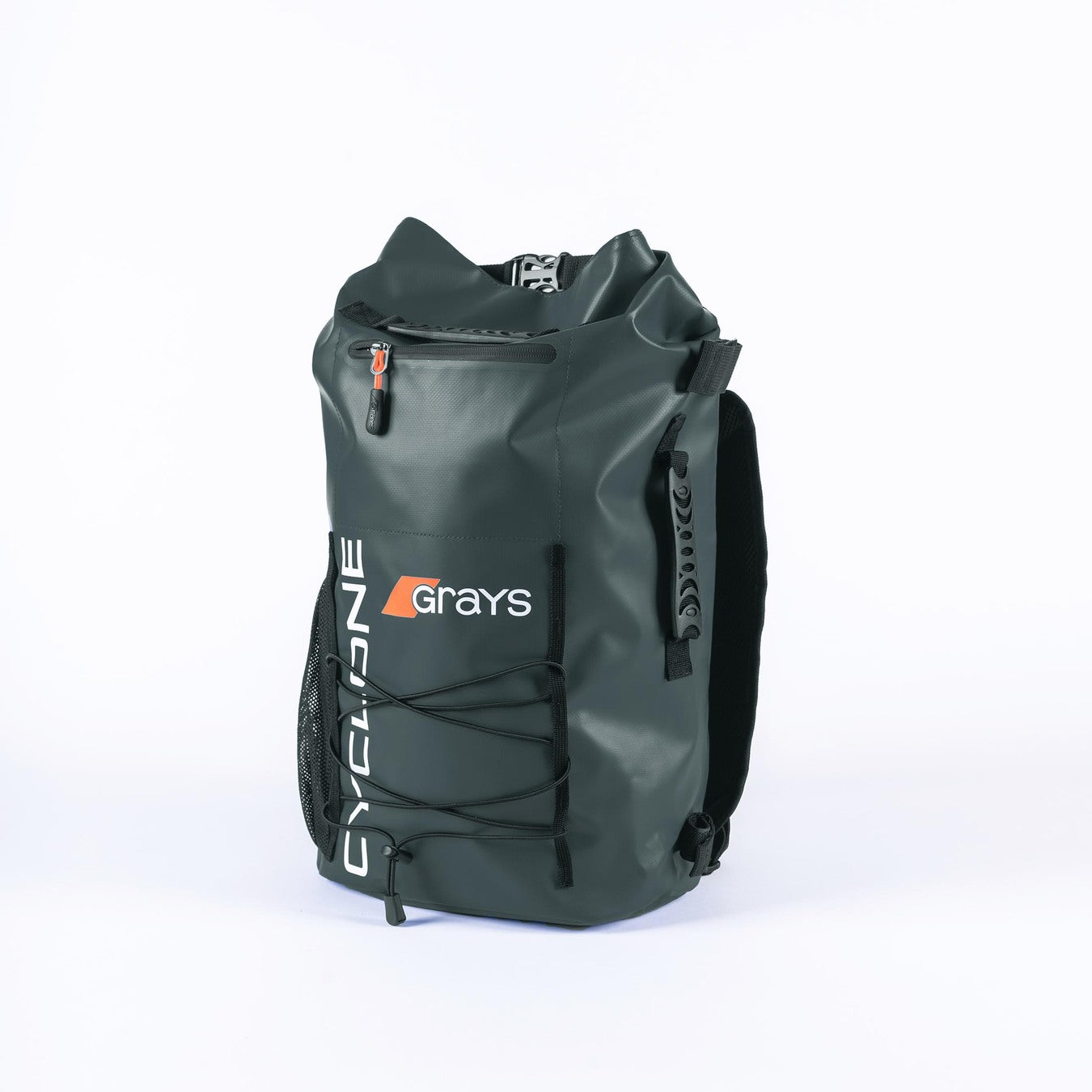 The Grays Cyclone WP Rucksack in grey features a roll-top closure, front zipper pocket, mesh side pocket, and bungee cord detail for spacious storage, shown on a white background.