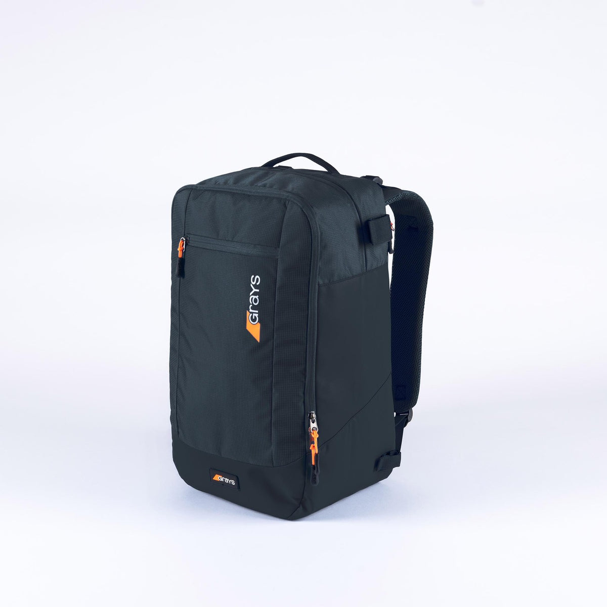 The Grays XI Gen 4 Rucksack, a black sports backpack with orange zipper pulls, front pocket, and top handle, is shown on a plain white background. The Grays logo appears on the front pocket, making it an ideal hockey rucksack.