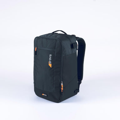 The Grays XI Gen 4 Rucksack, a black sports backpack with orange zipper pulls, front pocket, and top handle, is shown on a plain white background. The Grays logo appears on the front pocket, making it an ideal hockey rucksack.