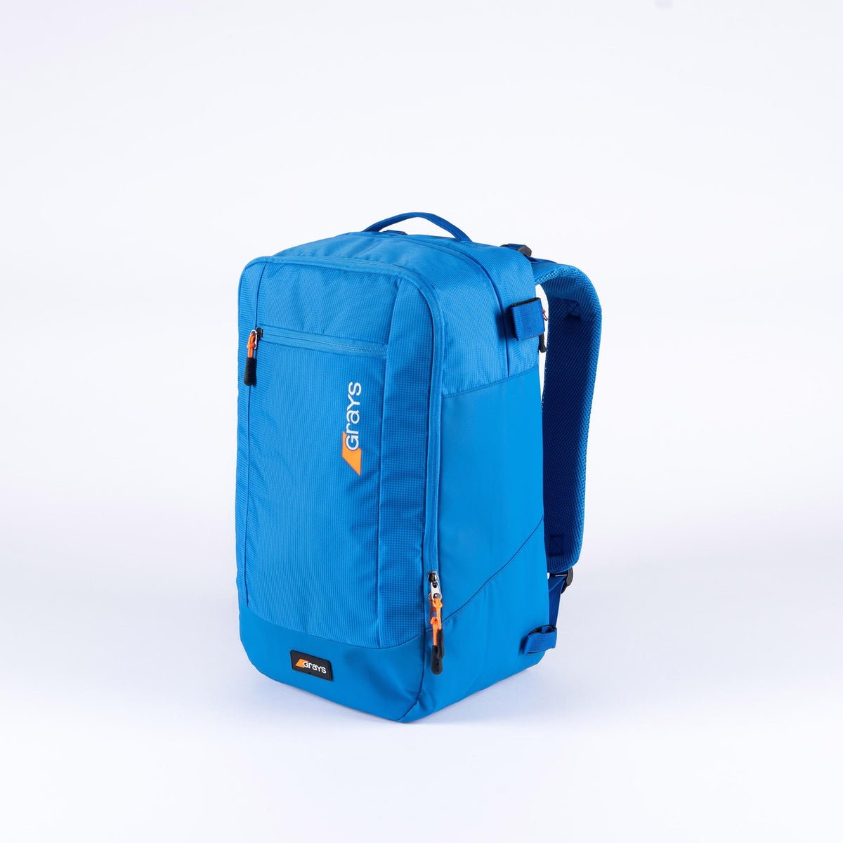 The Grays XI Gen 4 Rucksack is a sky blue sports backpack featuring a front zip pocket, orange zipper pulls, stick loop, and the Grays logo on the front, shown against a plain white background.