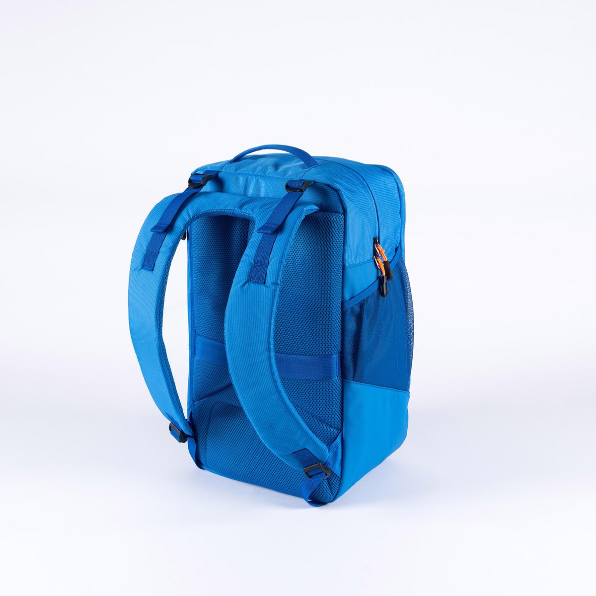 The Grays XI Gen 4 Rucksack by Grays is a blue sports backpack shown from the back with padded shoulder straps, top handle, mesh side pockets, and a stick loop, standing upright against a plain white background.