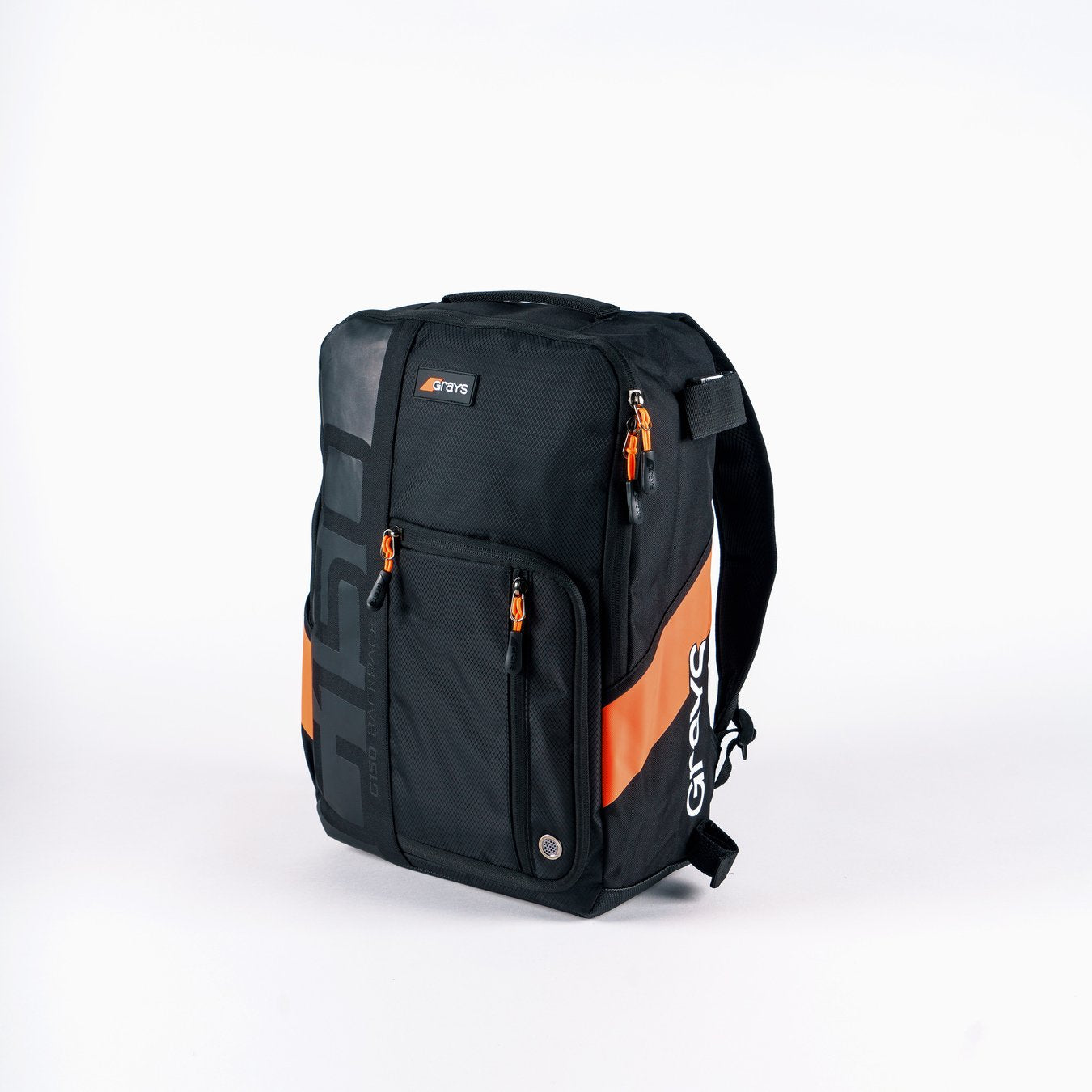 The Grays G150 Rucksack in Black/Orange features multiple front pockets, a top handle, and visible Grays branding on the upper pocket—perfect for any youth player on the go. Displayed against a plain white background.