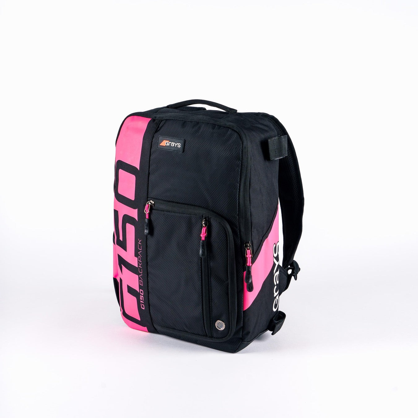 The Grays G150 Rucksack by Grays comes in black/pink and is designed for youth players, featuring multiple zippered compartments, a top handle, shoulder straps, and G150 branding on the front and side.