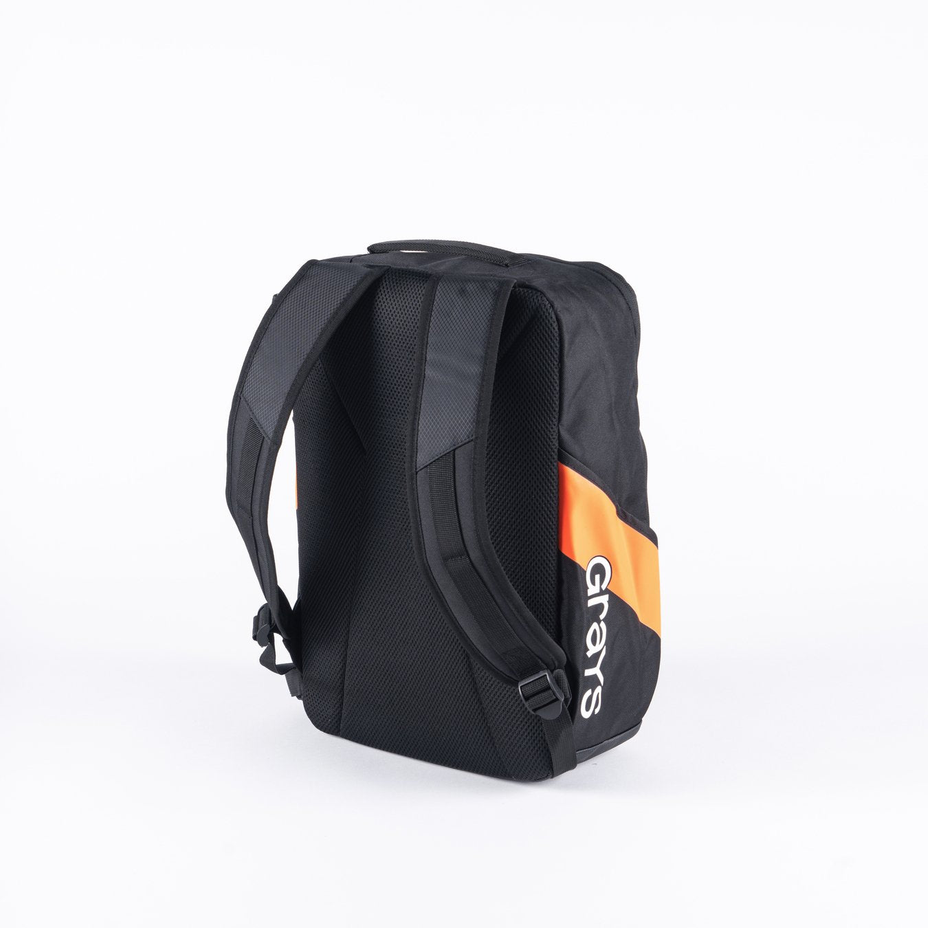 The Grays G150 Rucksack, a mid-size bag with padded shoulder straps, an orange diagonal stripe, and "Grays" in white on the side, is ideal for youth players. Shown here against a plain white background.