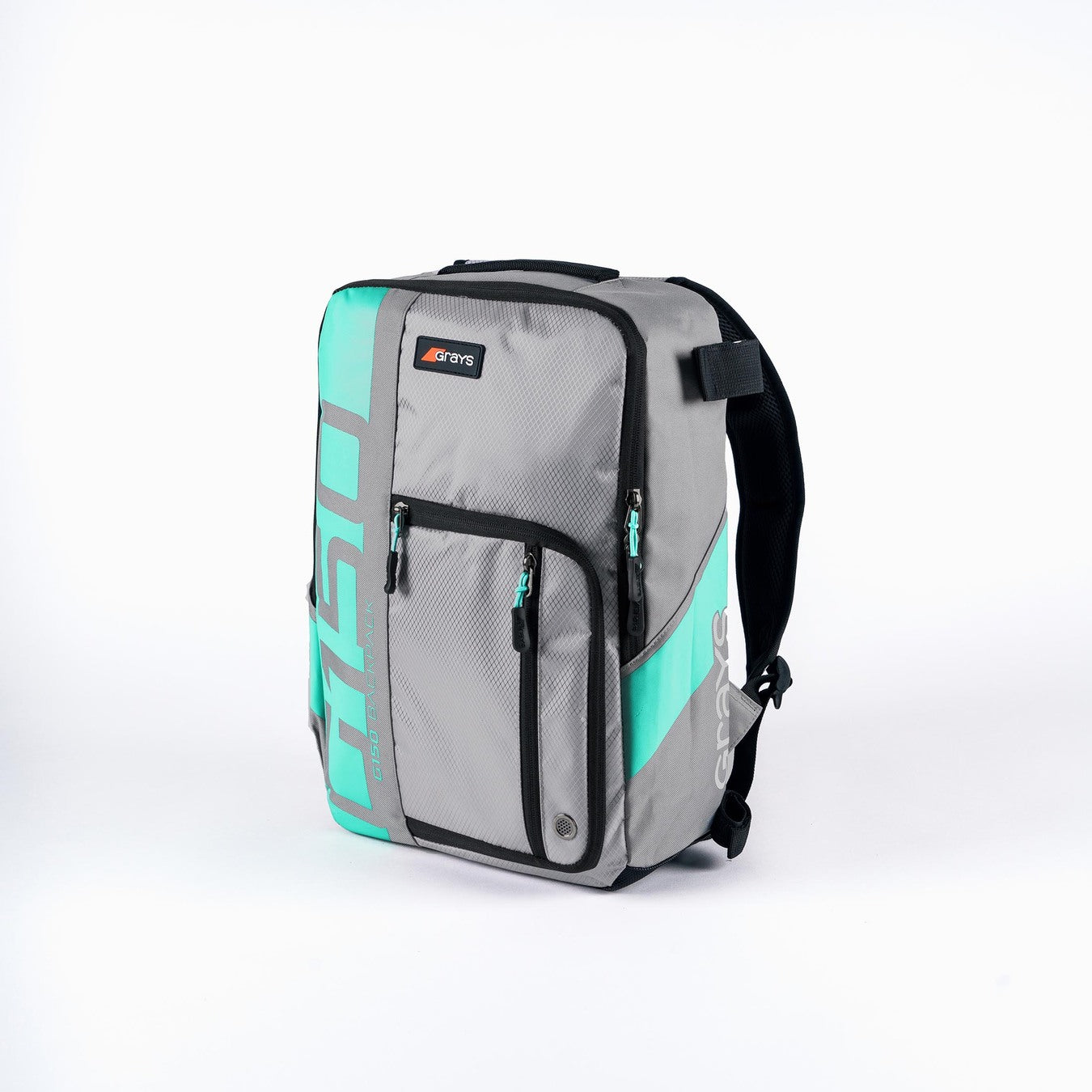 The Grays G150 Rucksack by Grays, in Grey/Aqua, features black accents, multiple zippered compartments, a front logo patch, and a stick harness system—ideal for youth players. The bag is shown upright against a plain white background.