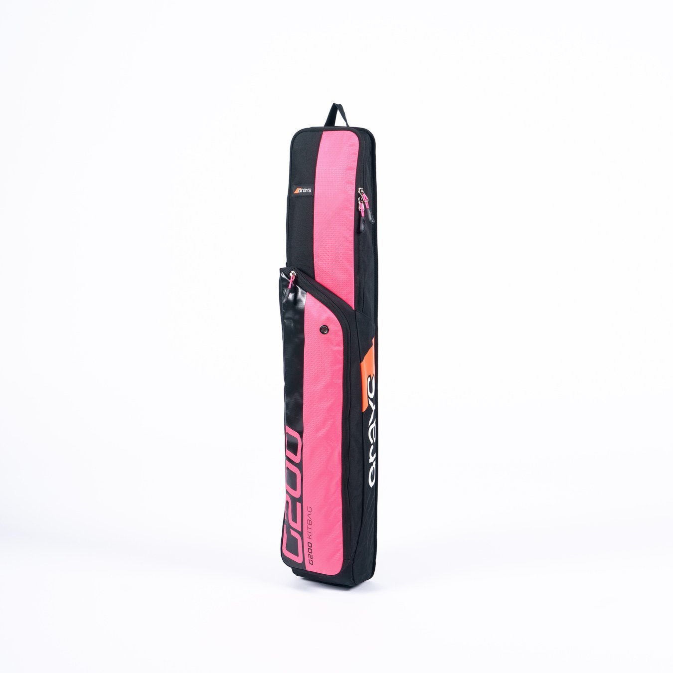 The Grays G200 Hockey Stick Bag, in black and pink, features zippers, a top handle, bold Grays branding on the front pocket, and dedicated storage compartments. It stands upright against a white background.