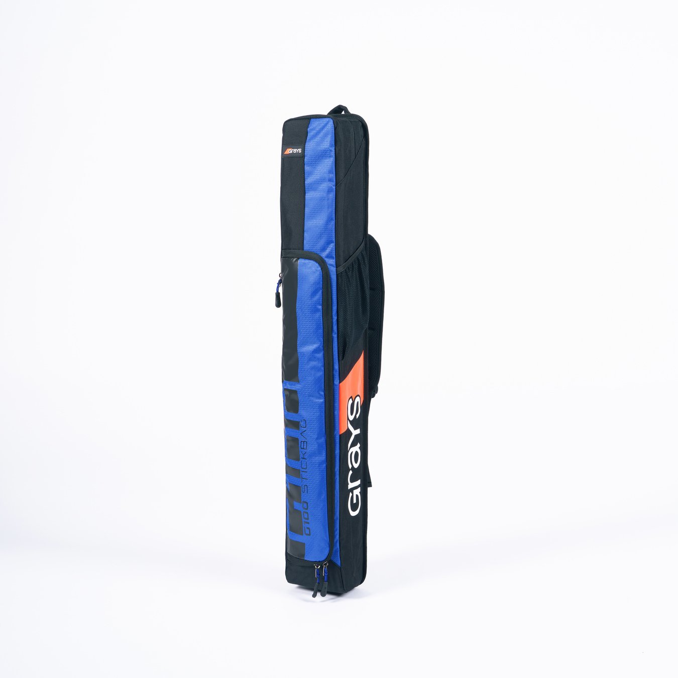 The Grays G100 Hockey Stick Bag is a black and blue rectangular kit bag with an orange accent, single strap, zipper, and the Grays brand name in white on the side, shown upright against a plain white background.