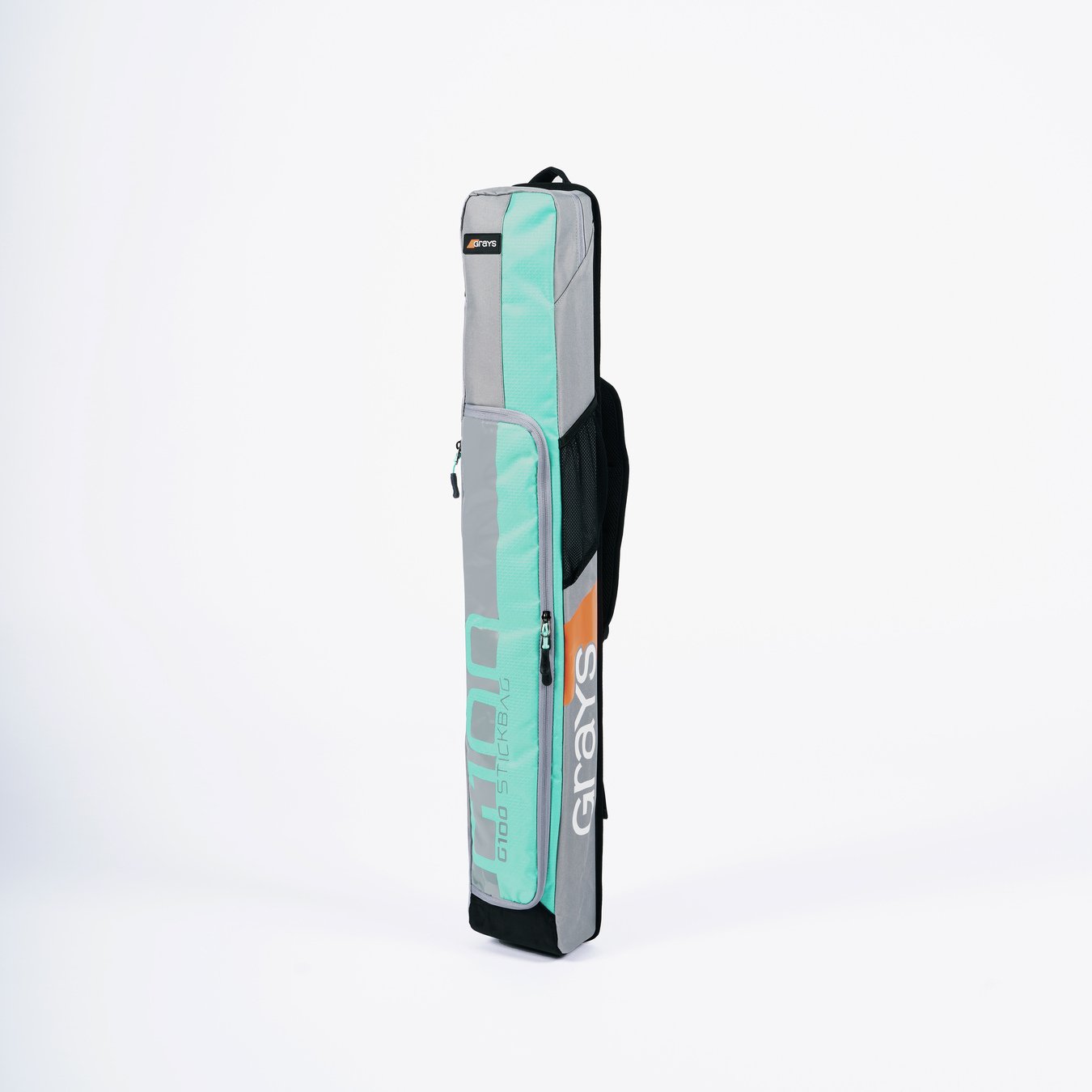The Grays G100 Hockey Stick Bag, a rectangular teal and gray kit from Grays with a single strap and stick section, stands upright against a plain white background.