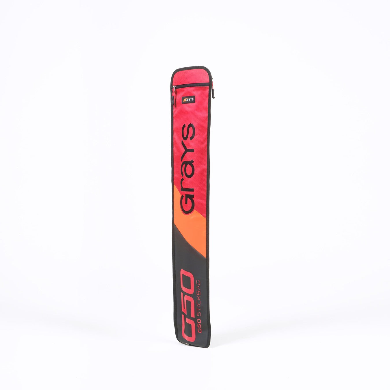 The Grays G50 Stick Bag is a red and black water-repellent field hockey stick bag with a zipper, featuring the Grays logo and "G50" text on the front. It stands upright against a plain white background.