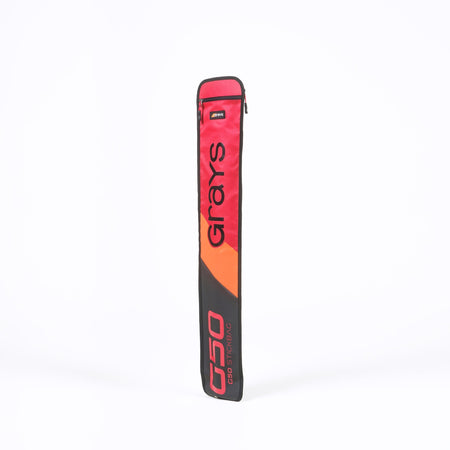 The Grays G50 Stick Bag is a red and black water-repellent field hockey stick bag with a zipper, featuring the Grays logo and "G50" text on the front. It stands upright against a plain white background.