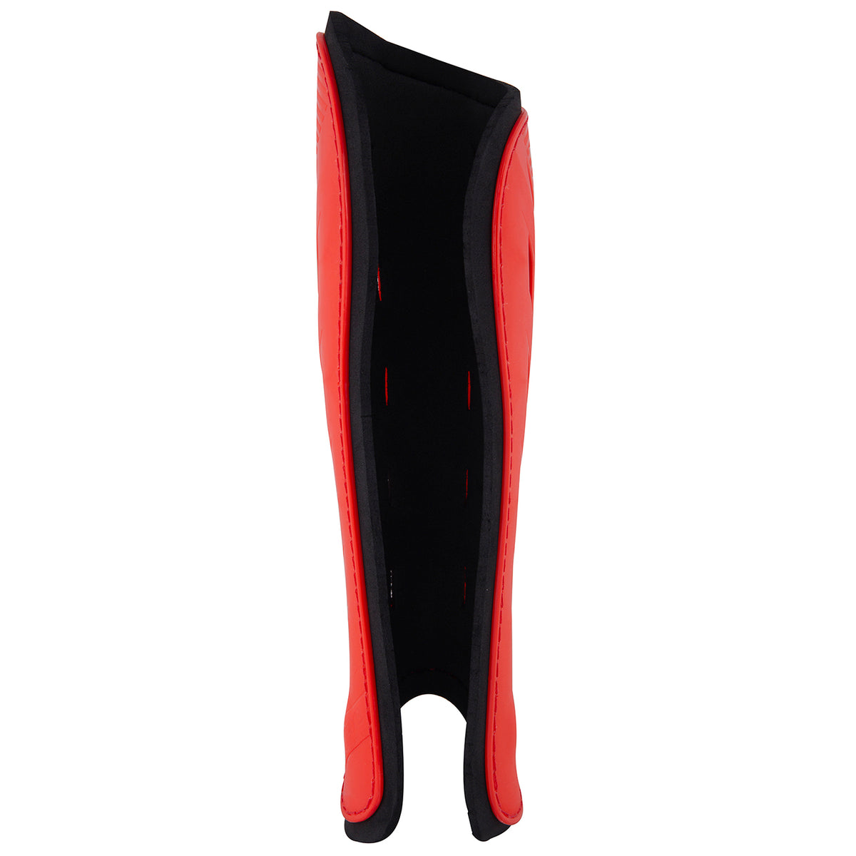 The Grays G600 Hockey Shinguard by Grays features a red and black design, open back, padded interior, stitching details, and a lightweight polymer shell that provides enhanced impact protection.