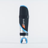 The Grays G700 Pro Shinguards by Grays are black/sky, feature an anatomical fit, two black straps, a sculptured hard outer shell, blue trim, and display the Grays logo vertically on the front.