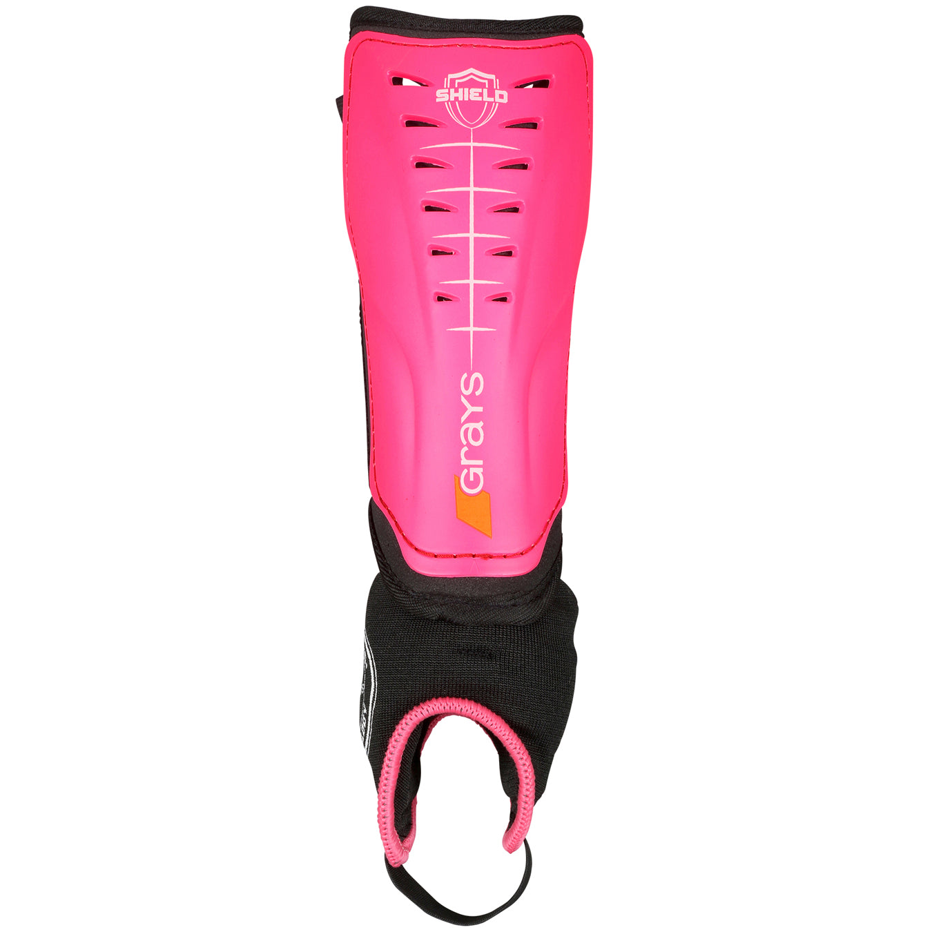The Grays Shield Shinguard in Pink/Black features ventilation slits, bold front branding, and black shock-absorbing ankle padding for added protection.