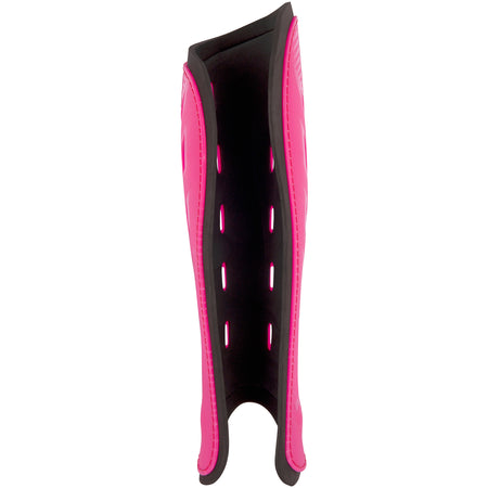 The Grays G600 Hockey Shinguard by Grays is pink and black with ventilation slots and a lightweight polymer shell for impact protection, shown against a white background.