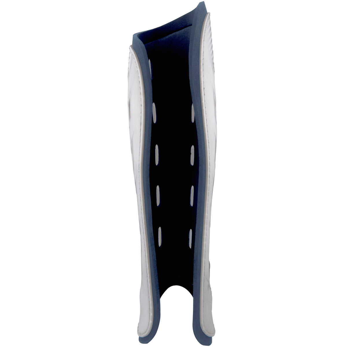 A close-up of the Grays G600 Hockey Shinguard by Grays highlights its contoured shape, lightweight polymer shell, and ventilation holes, all engineered for superior impact protection during hockey games.