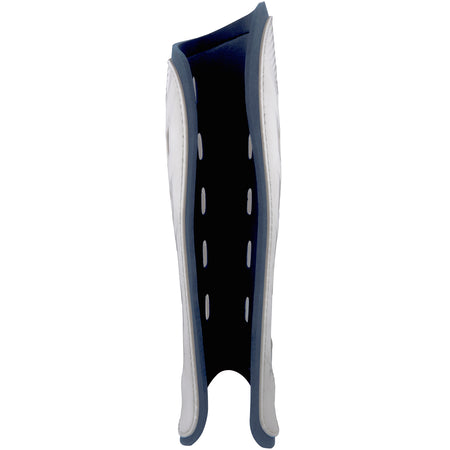 A close-up of the Grays G600 Hockey Shinguard by Grays highlights its contoured shape, lightweight polymer shell, and ventilation holes, all engineered for superior impact protection during hockey games.